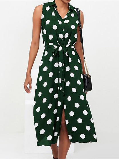 Collared V-Neck Button Front Sleeveless Polka Dot Tie Waist Midi Shirt Dress