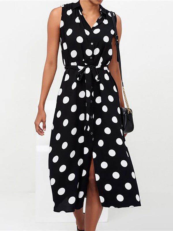 Collared V-Neck Button Front Sleeveless Polka Dot Tie Waist Midi Shirt Dress
