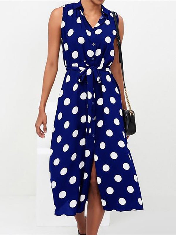 Collared V-Neck Button Front Sleeveless Polka Dot Tie Waist Midi Shirt Dress
