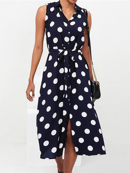 Collared V-Neck Button Front Sleeveless Polka Dot Tie Waist Midi Shirt Dress