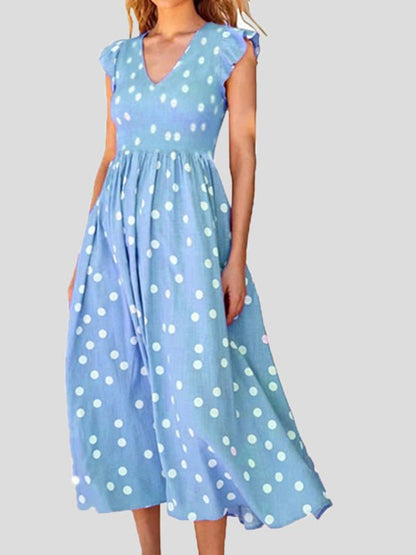 Polka Dot Print V-Neck Short Sleeve Dress