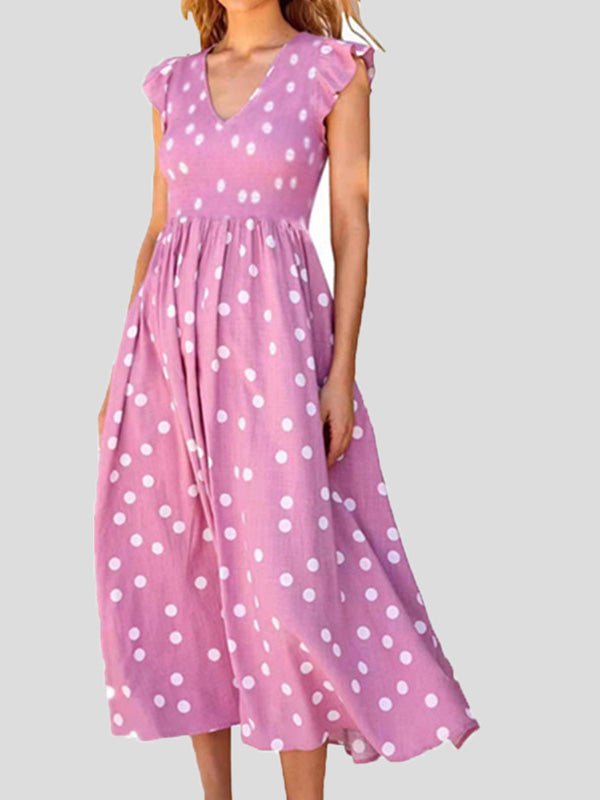 Polka Dot Print V-Neck Short Sleeve Dress