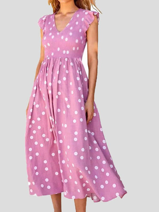 Polka Dot Print V-Neck Short Sleeve Dress