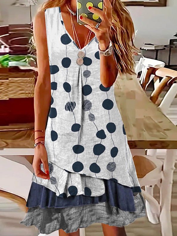 Graphic Circle Print V-Neck Layered Asymmetrical Ruffle Hem Shift Dress