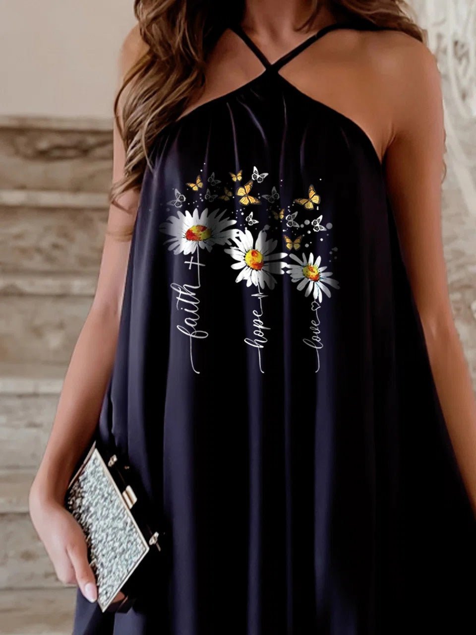 Daisy Faith Hope Love Graphic Halter Neck Mini Dress