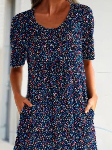 Scoop Neck Short Sleeve Ditsy Floral Print Side Pocket Midi Dress