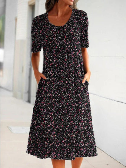 Scoop Neck Short Sleeve Ditsy Floral Print Side Pocket Midi Dress