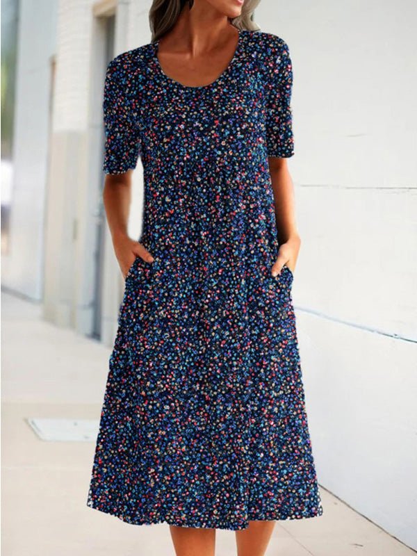 Scoop Neck Short Sleeve Ditsy Floral Print Side Pocket Midi Dress
