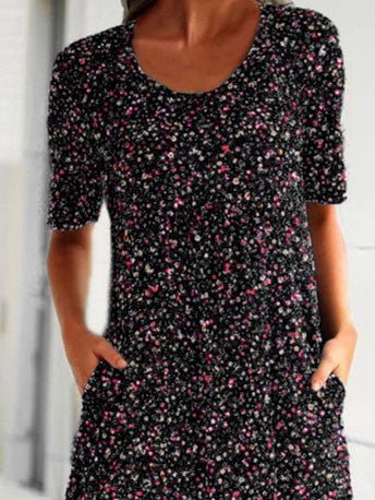 Scoop Neck Short Sleeve Ditsy Floral Print Side Pocket Midi Dress