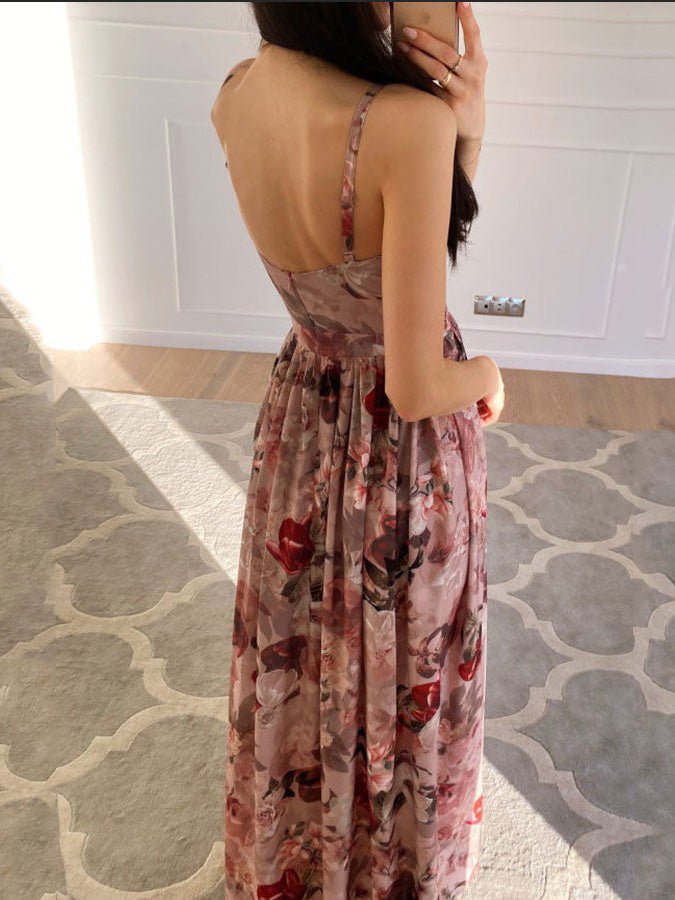 Floral Print Deep V Wrap Waist Side Slit Maxi Dress