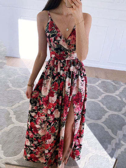 Floral Print Deep V Wrap Waist Side Slit Maxi Dress