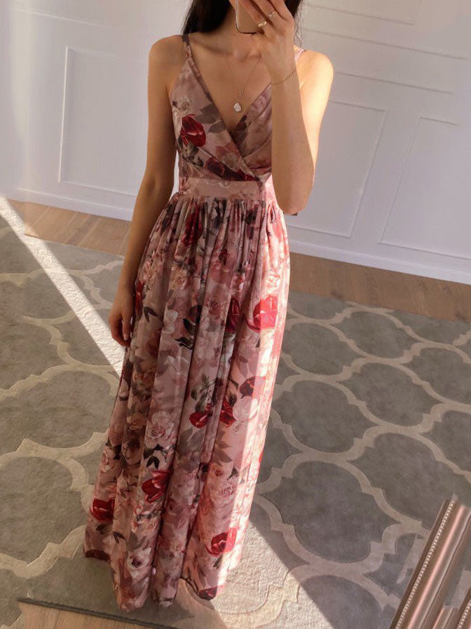 Floral Print Deep V Wrap Waist Side Slit Maxi Dress