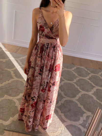 Floral Print Deep V Wrap Waist Side Slit Maxi Dress