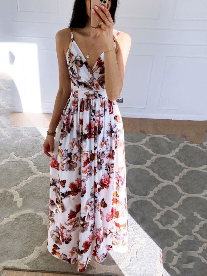 Floral Print Deep V Wrap Waist Side Slit Maxi Dress