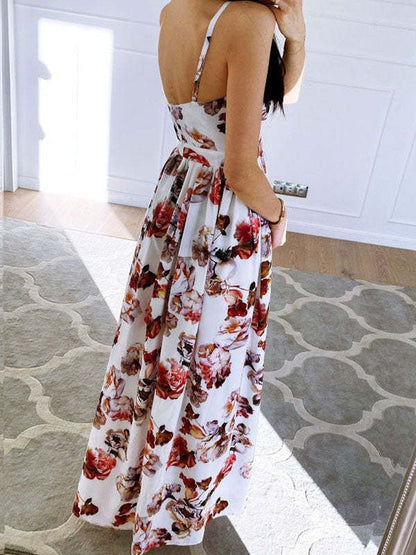 Floral Print Deep V Wrap Waist Side Slit Maxi Dress