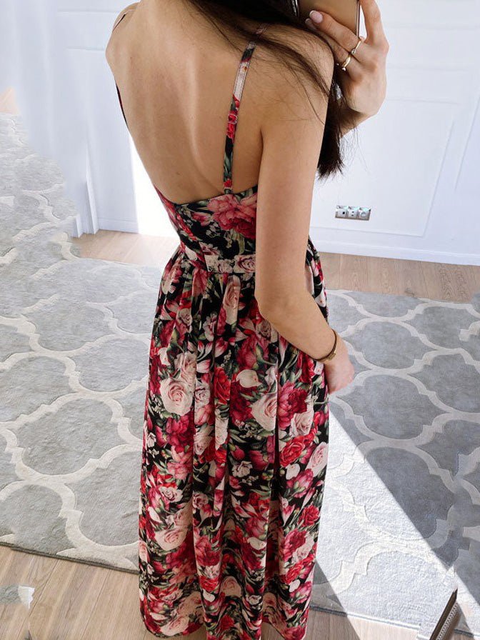 Floral Print Deep V Wrap Waist Side Slit Maxi Dress