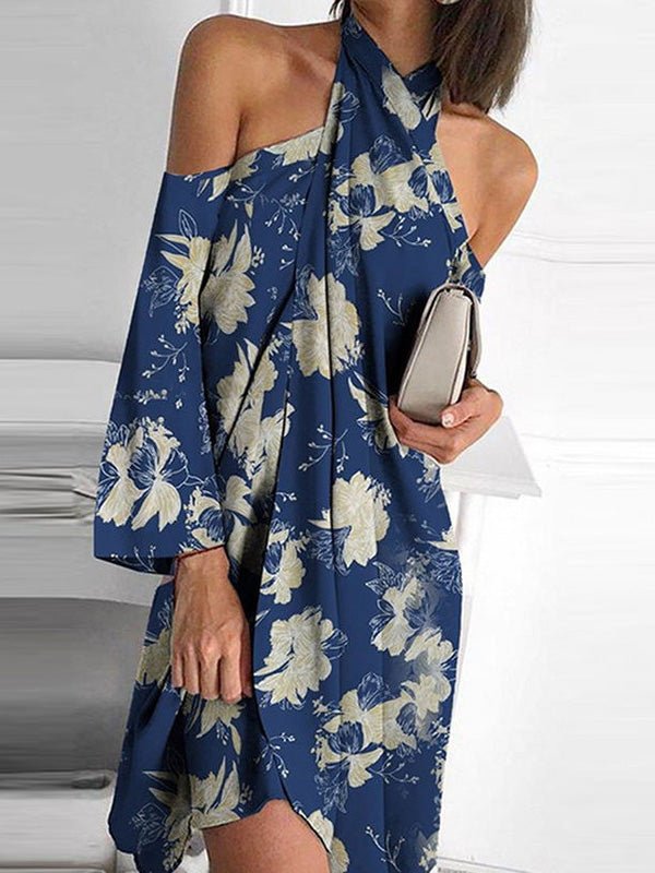 Floral Print Halter Neck Cold Shoulder Bell Sleeve Mini Dress