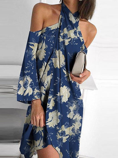 Floral Print Halter Neck Cold Shoulder Bell Sleeve Mini Dress