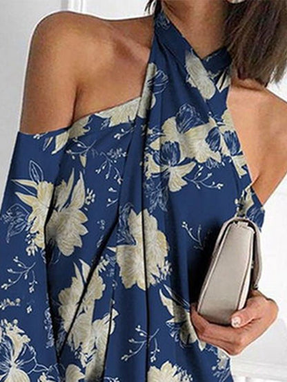 Floral Print Halter Neck Cold Shoulder Bell Sleeve Mini Dress