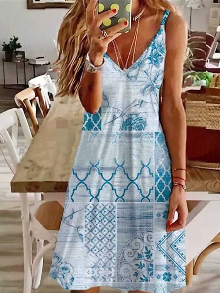 Patchwork Floral Print Spaghetti Strap Deep V A-Line Mini Dress