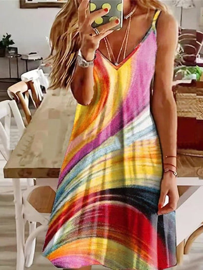 Patchwork Floral Print Spaghetti Strap Deep V A-Line Mini Dress
