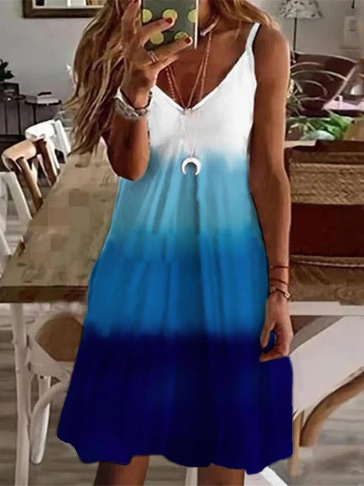 Patchwork Floral Print Spaghetti Strap Deep V A-Line Mini Dress