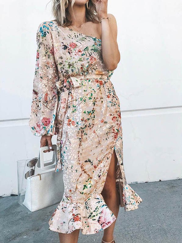 Floral Print One-Shoulder Puff Sleeve Tie-Waist Side Slit Ruffle Hem Midi Dress