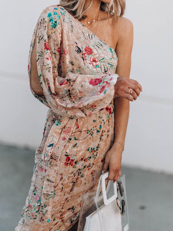 Floral Print One-Shoulder Puff Sleeve Tie-Waist Side Slit Ruffle Hem Midi Dress