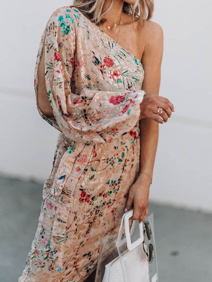 Floral Print One-Shoulder Puff Sleeve Tie-Waist Side Slit Ruffle Hem Midi Dress