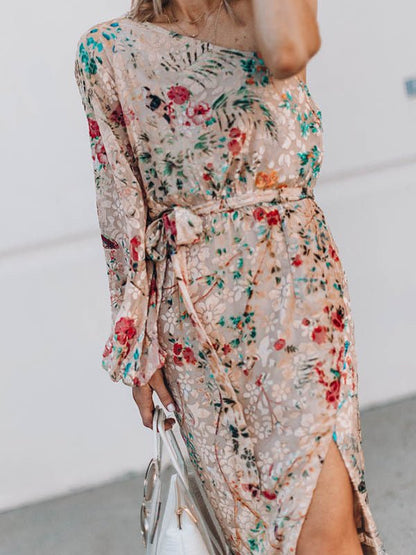 Floral Print One-Shoulder Puff Sleeve Tie-Waist Side Slit Ruffle Hem Midi Dress