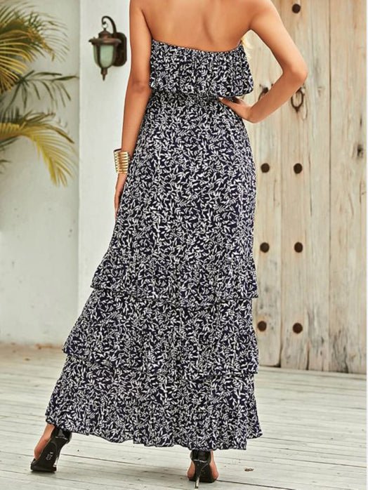 Strapless Ruffle Bust Smocked Waist Tiered Floral Print Slit Maxi Dress