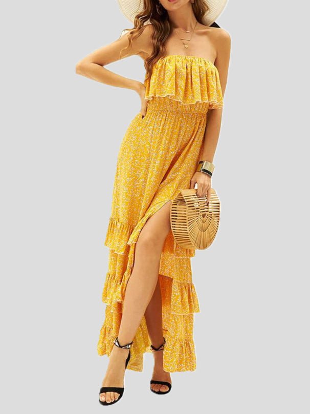 Strapless Ruffle Bust Smocked Waist Tiered Floral Print Slit Maxi Dress