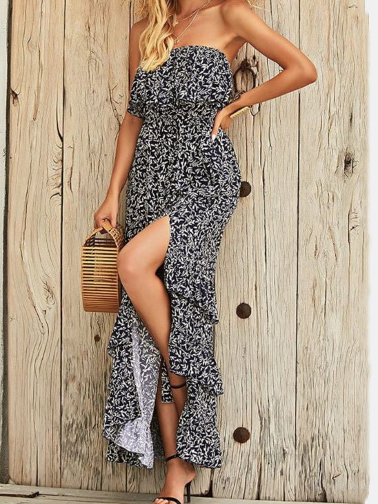 Strapless Ruffle Bust Smocked Waist Tiered Floral Print Slit Maxi Dress