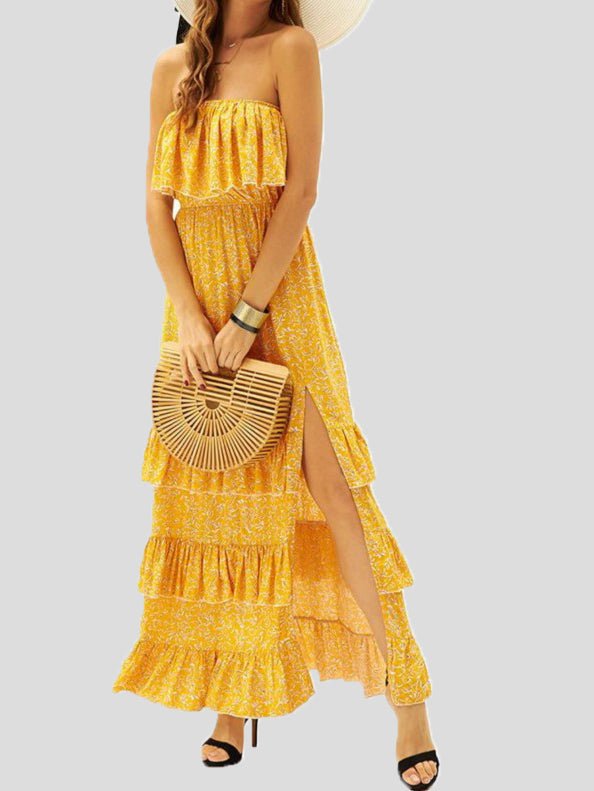 Strapless Ruffle Bust Smocked Waist Tiered Floral Print Slit Maxi Dress