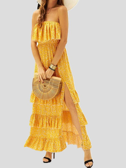 Strapless Ruffle Bust Smocked Waist Tiered Floral Print Slit Maxi Dress