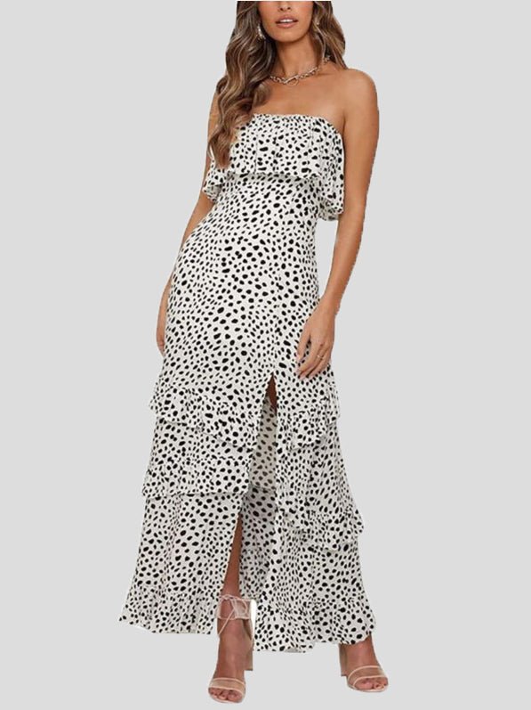 Strapless Ruffle Bust Smocked Waist Tiered Floral Print Slit Maxi Dress