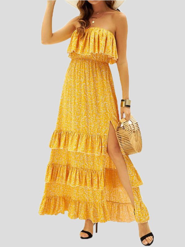Strapless Ruffle Bust Smocked Waist Tiered Floral Print Slit Maxi Dress