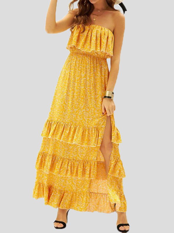 Strapless Ruffle Bust Smocked Waist Tiered Floral Print Slit Maxi Dress
