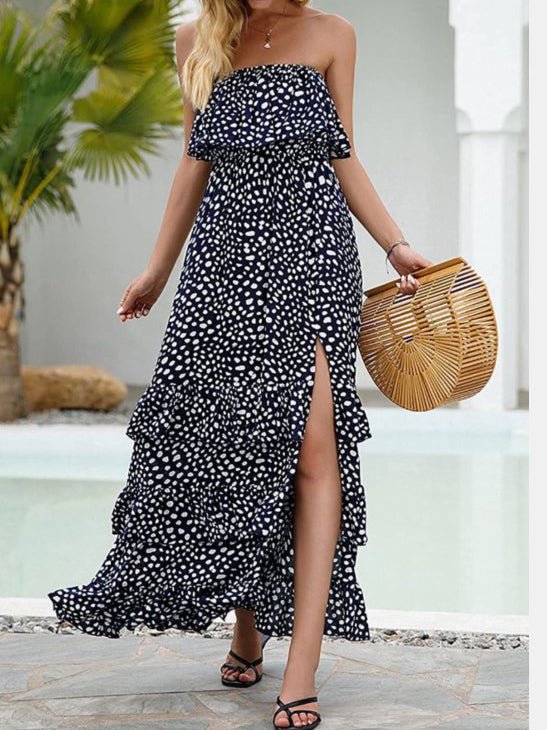 Strapless Ruffle Bust Smocked Waist Tiered Floral Print Slit Maxi Dress
