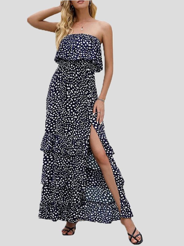 Strapless Ruffle Bust Smocked Waist Tiered Floral Print Slit Maxi Dress