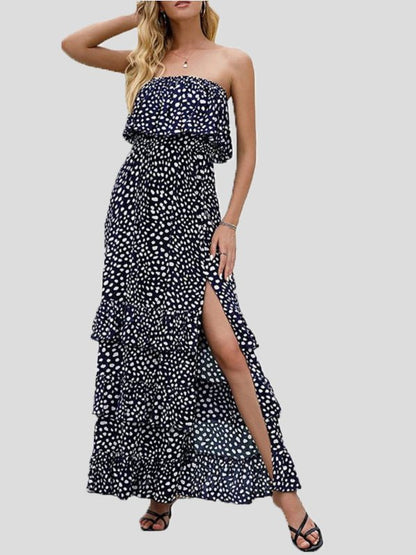 Strapless Ruffle Bust Smocked Waist Tiered Floral Print Slit Maxi Dress