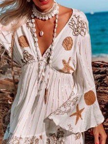 V-Neck Bell Sleeve Starfish Shell Print Tassel Hem Mini Dress