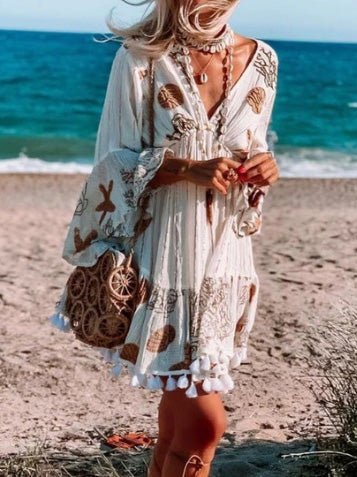 V-Neck Bell Sleeve Starfish Shell Print Tassel Hem Mini Dress