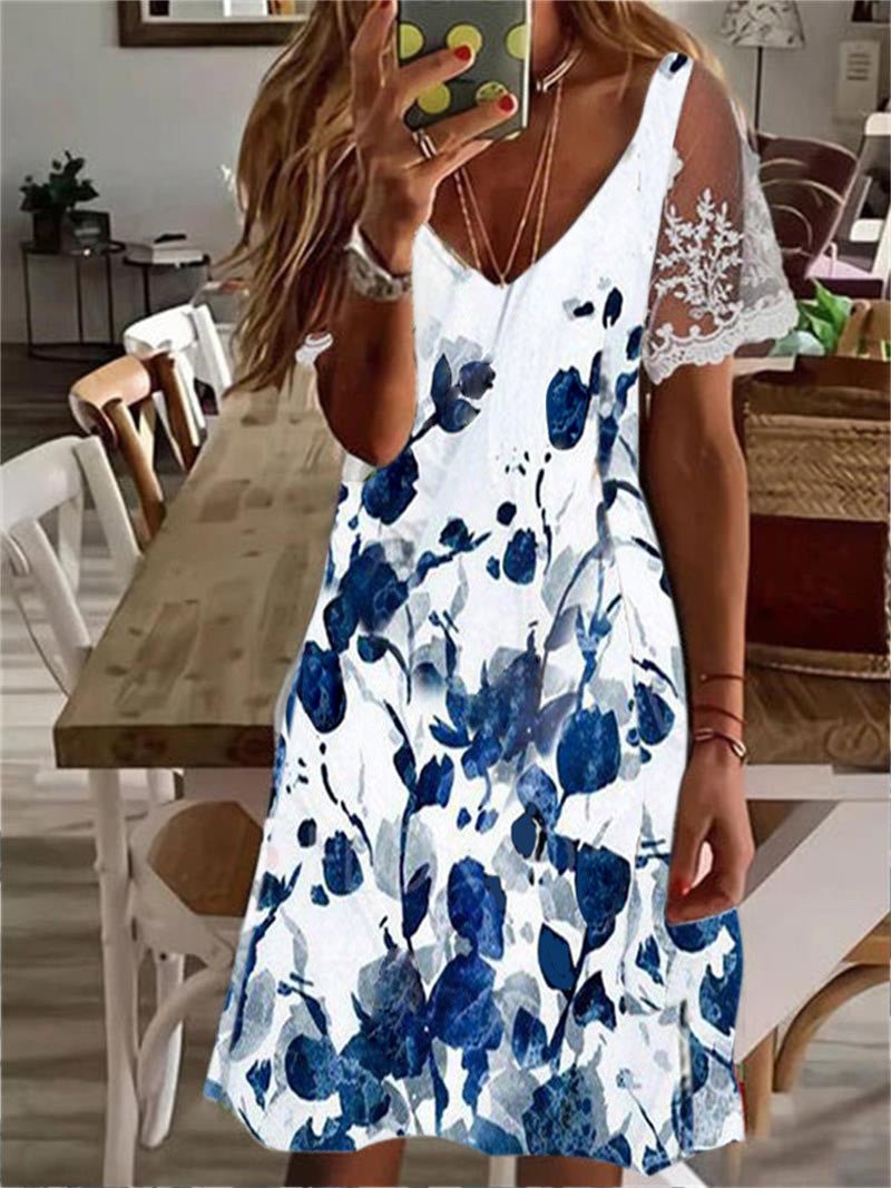 V-Neck Abstract Botanical Print Lace Cap Sleeve A-Line Mini Dress