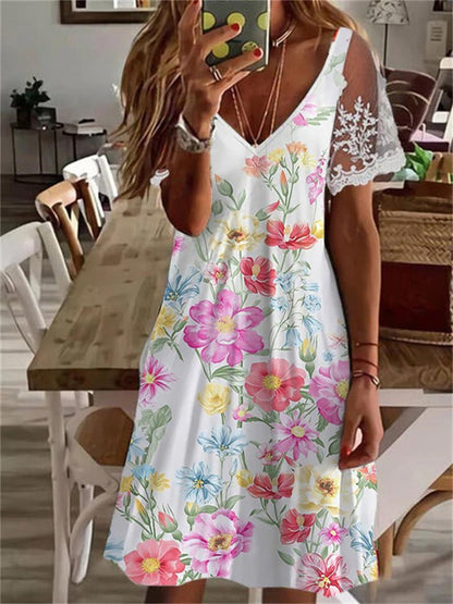 V-Neck Abstract Botanical Print Lace Cap Sleeve A-Line Mini Dress