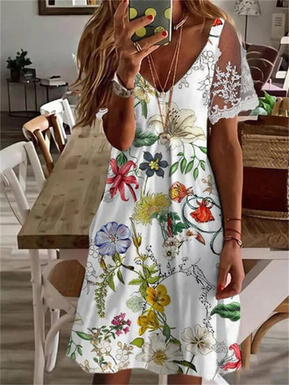 V-Neck Abstract Botanical Print Lace Cap Sleeve A-Line Mini Dress