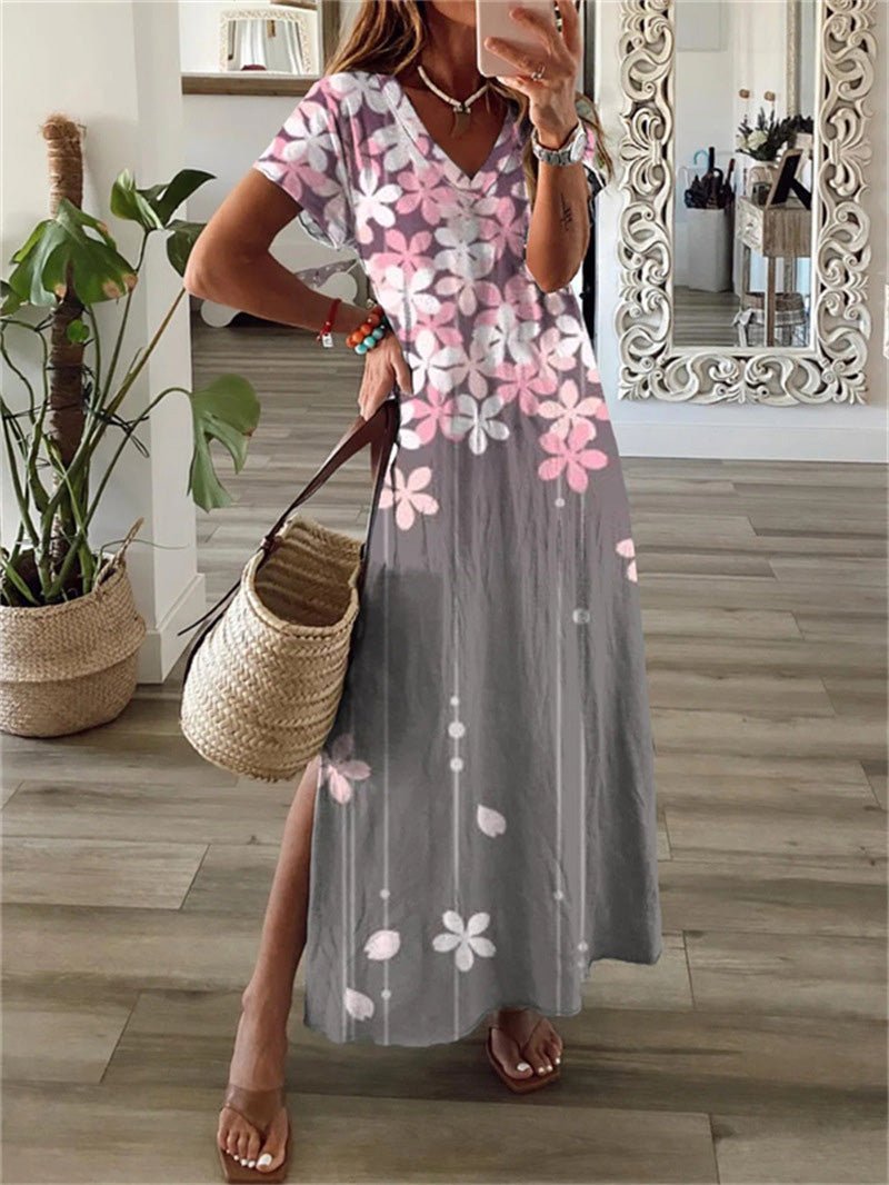 Floral Stripe Print Deep V-Neck Short Sleeve Side Slit Maxi Dress