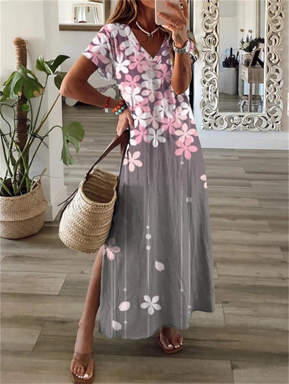 Floral Stripe Print Deep V-Neck Short Sleeve Side Slit Maxi Dress