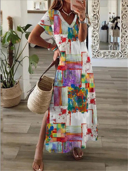 Floral Stripe Print Deep V-Neck Short Sleeve Side Slit Maxi Dress