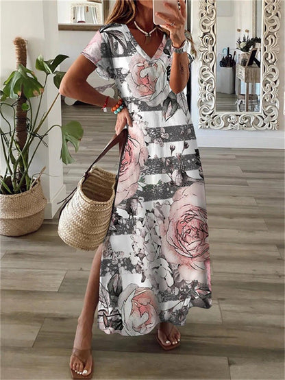 Floral Stripe Print Deep V-Neck Short Sleeve Side Slit Maxi Dress